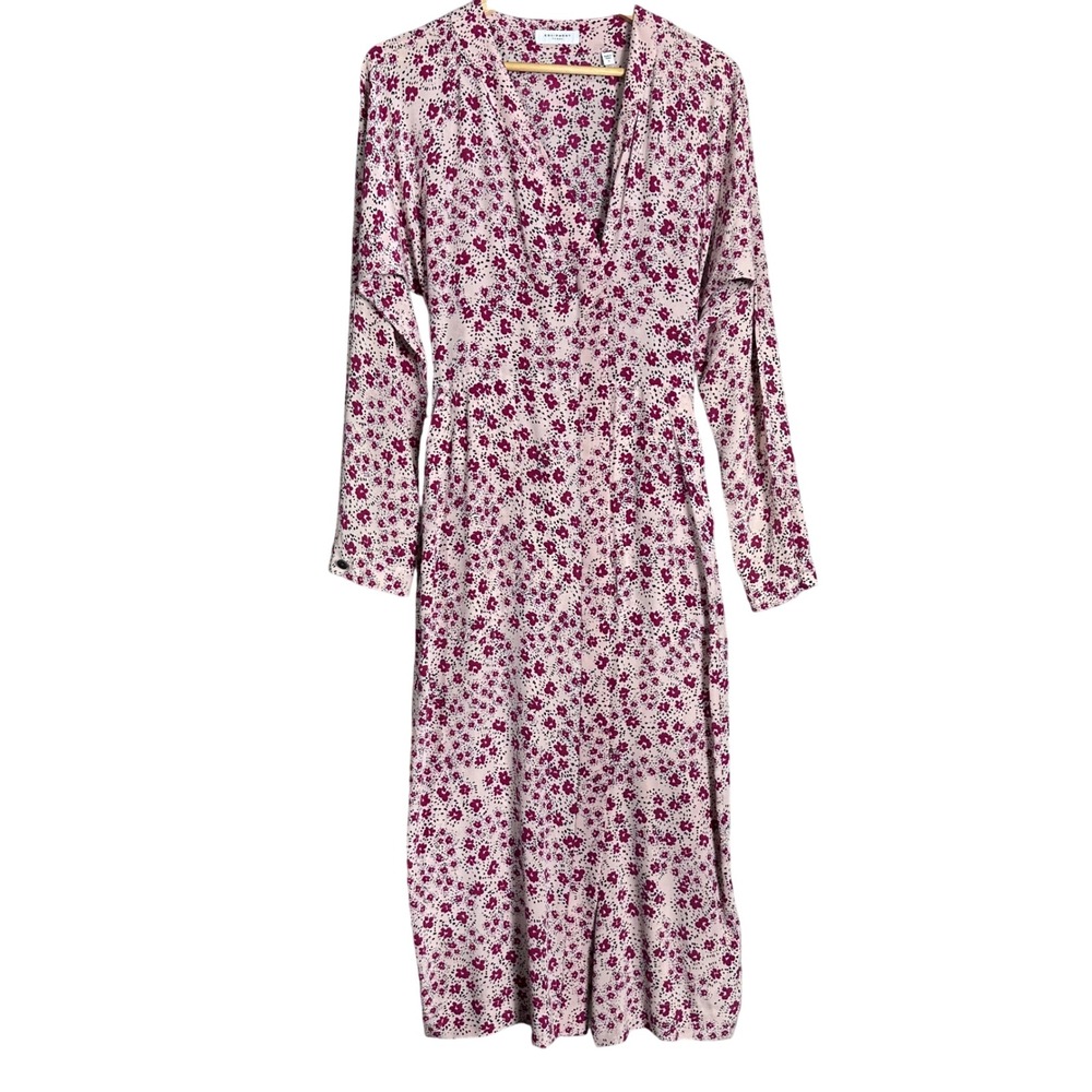 Equipment Femme Pink Floral 100% Silk Long Sleeve Midi Dress Small V-Neck Tie